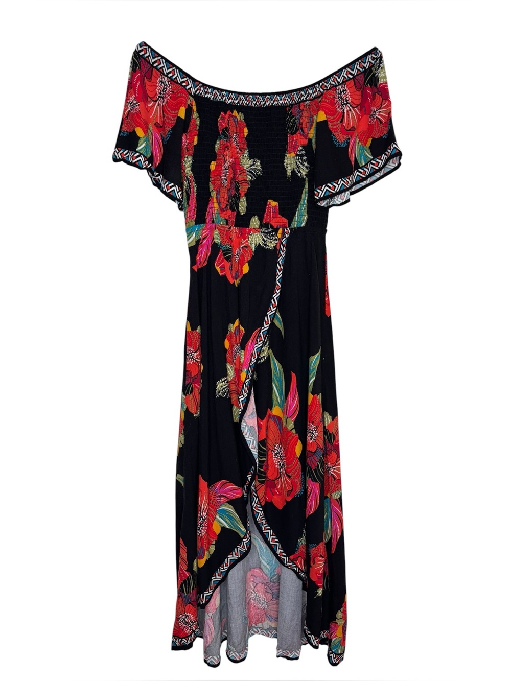 Jealous Tomato dress black red floral off the shoulder smocked high low small